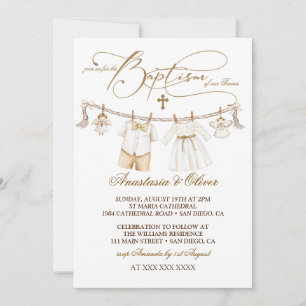 Invitation Jumeaux Garçon & Fille Baptême Christening Boho