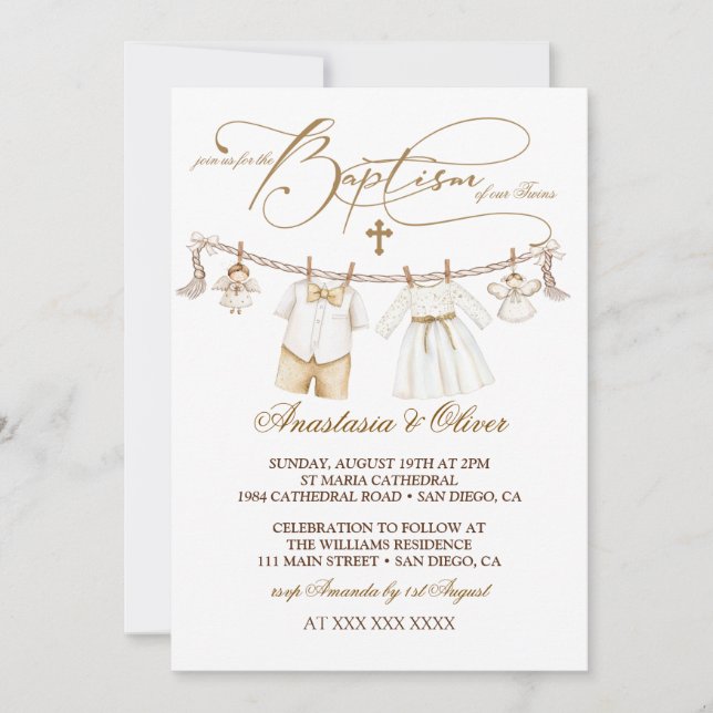 Invitation Jumeaux Garçon & Fille Baptême Christening Boho (Devant)