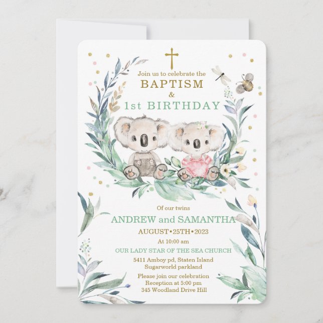 Invitation Jumeaux garçon fille baptême et anniversaire (Devant)