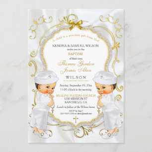 Invitation Jumeaux garçons baptême christening croix or blanc