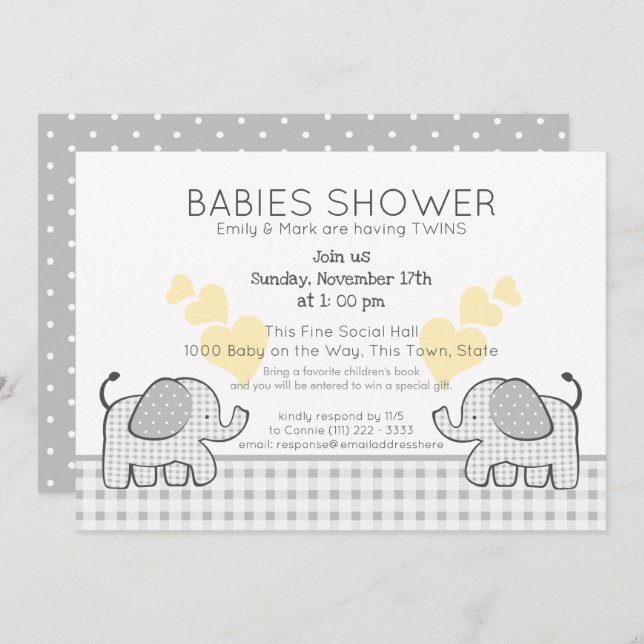 Invitation Jumeaux gris En vichy Baby shower (Devant / Derrière)