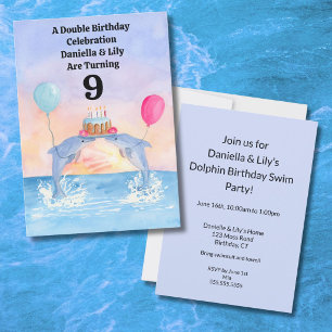 Invitation Jumeaux Joyeux Anniversaire Dauphins avec Gâteau d
