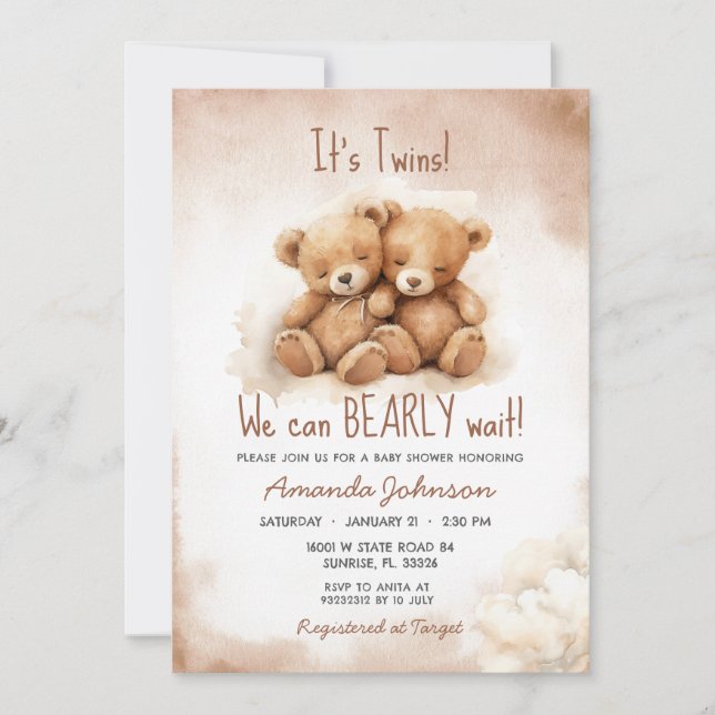 Invitation Jumeaux Jumeaux Baby shower Ours Brown (Devant)
