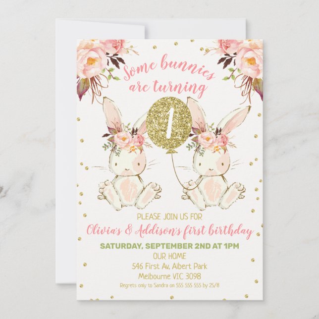 Invitation Jumeaux Lapin Floral Rose Or 1er Anniversaire (Devant)