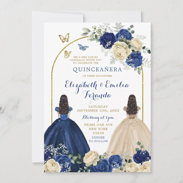 Invitation Jumeaux Marine Blue Ivory Princesses Quinceañera (Devant)