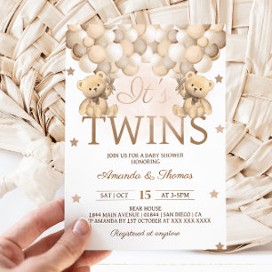 Invitation Jumeaux ours avec ballons neutres Baby Shower
