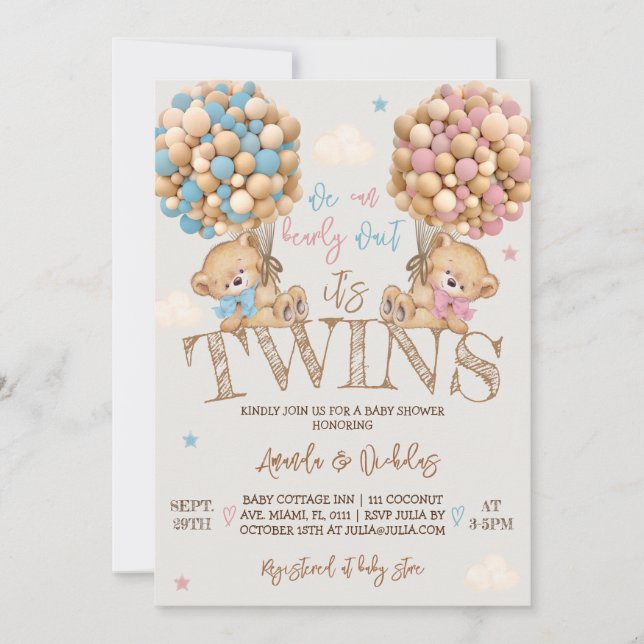 Invitation Jumeaux Ours Ballons Baby Shower  (Devant)