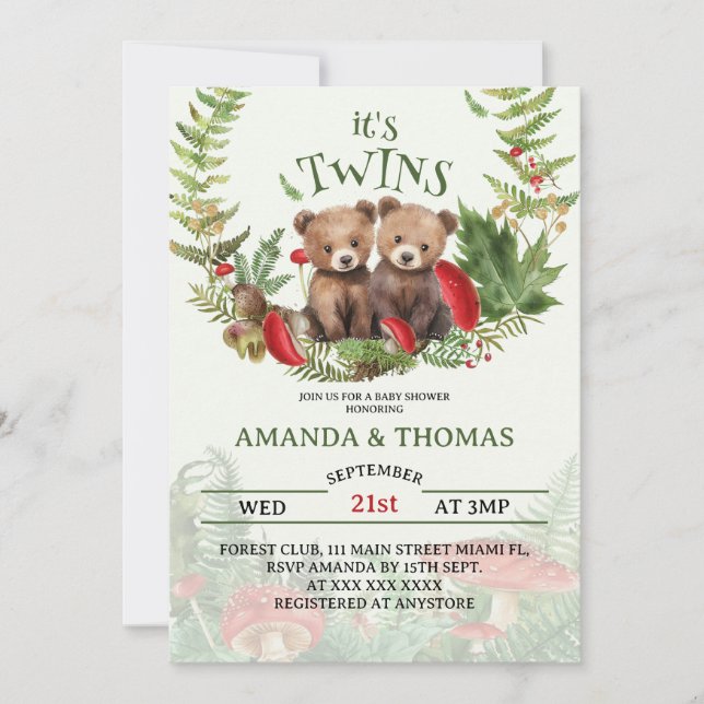 Invitation Jumeaux ours thème forêt Baby Shower (Devant)