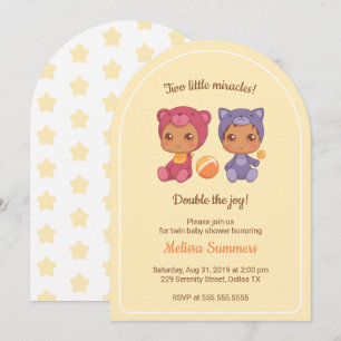 Invitation Jumeaux Ourson Chat Genre Neutre Baby Shower Jaune
