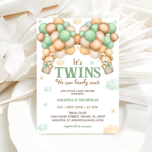 Invitation Jumeaux Ourson Vert Baby Shower (Créateur téléchargé)