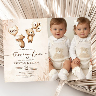 Invitation Jumeaux Ourson-y Première Photo Anniversaire