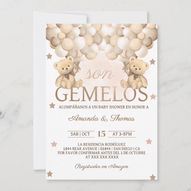 Invitation Jumeaux Oursons Fête de Naissance Espagnole Gemelo (Devant)