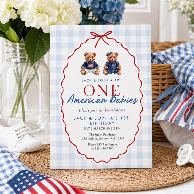 Invitation Jumeaux Oursons Teddy Prep à Patriote Navy Gingham (Créateur téléchargé)