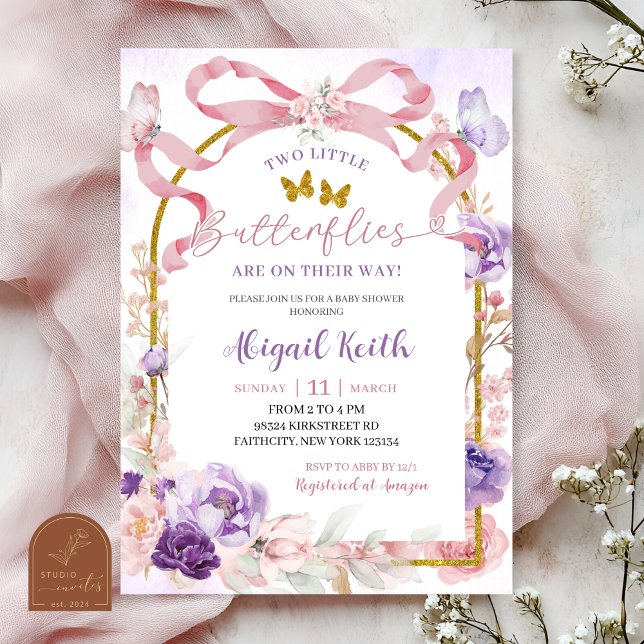 Invitation Jumeaux Papillon Coquette Arc-en-ciel Rose Violet (Créateur téléchargé)