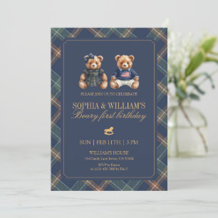 Invitation Jumeaux Plaid Teddy Navy Tartan Ours 1er Anniversa