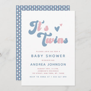 Invitation Jumeaux Retro Super rose et bleu Baby shower point