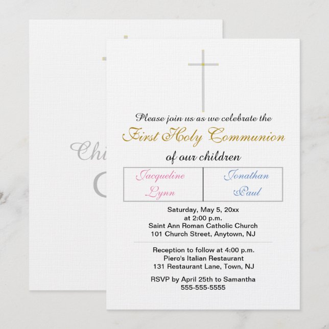 Invitation Jumeaux Rose Bleu Or Couleur Première Sainte Commu (Devant / Derrière)