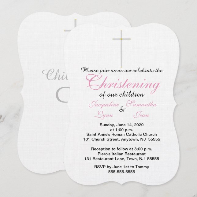 Invitation Jumeaux Rose pour Baptême (Devant / Derrière)