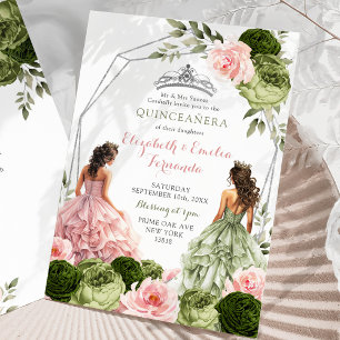 Invitation Jumeaux roses et gris vert Quinceañera géométrique