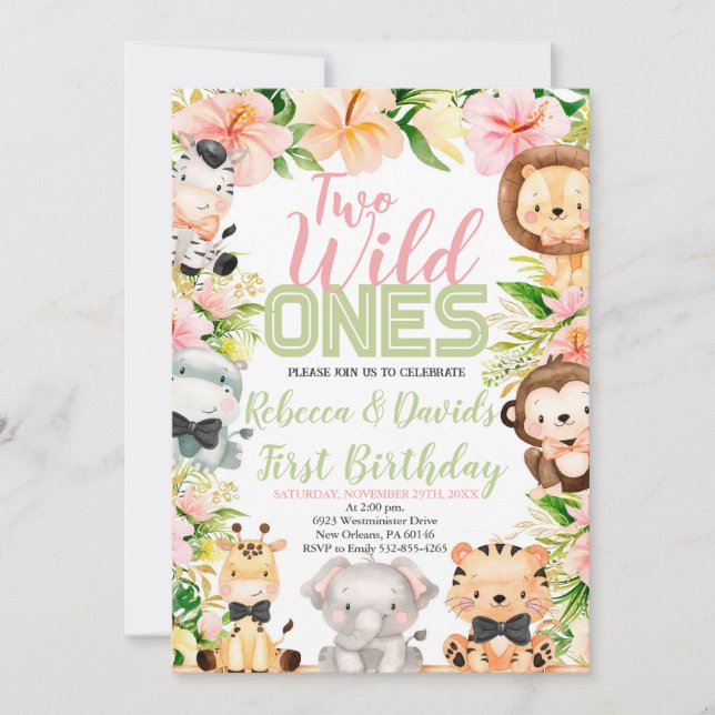 Invitation Jumeaux Safari Anniversaire, Jungle WILD Ones Anim (Devant)