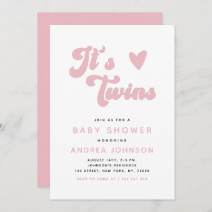 Invitation Jumeaux Super rose Retro Girl Twins Baby shower mi