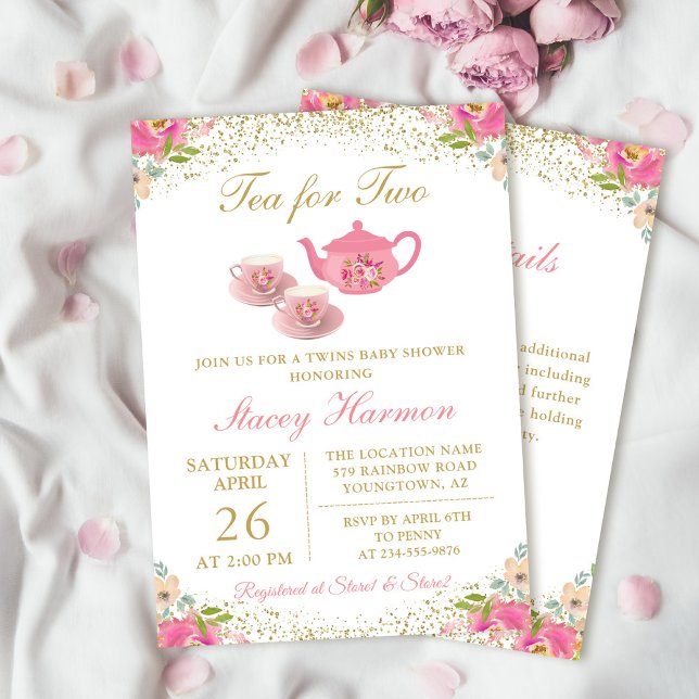 Invitation Jumeaux Tea Party Baby shower Floral Avec Détails (Créateur téléchargé)
