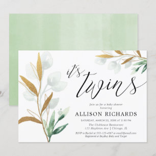 Invitation Jumeaux vert neutre baby shower or