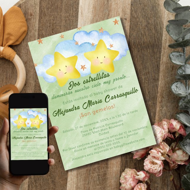 Invitation Jumeaux Verts Bébé Shower Petites Étoiles Espagnol (Créateur téléchargé)