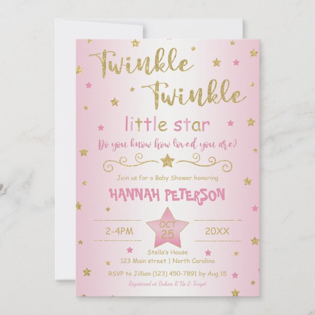 Invitation Jumelé rose vif Twinkle Little Star Baby shower (Devant)
