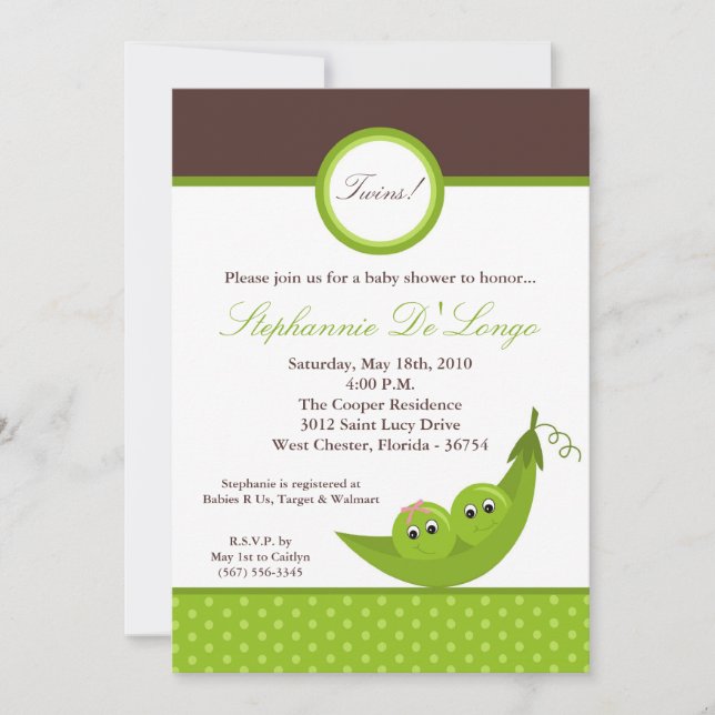 invitation JUMELLE de baby shower de cosse de pois (Devant)