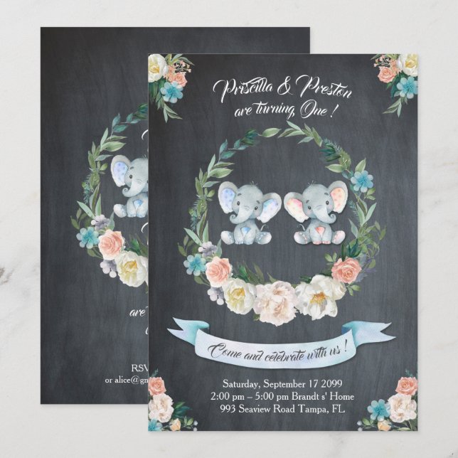 Invitation jumelle de fille-garçon d'éléphant, (Devant / Derrière)
