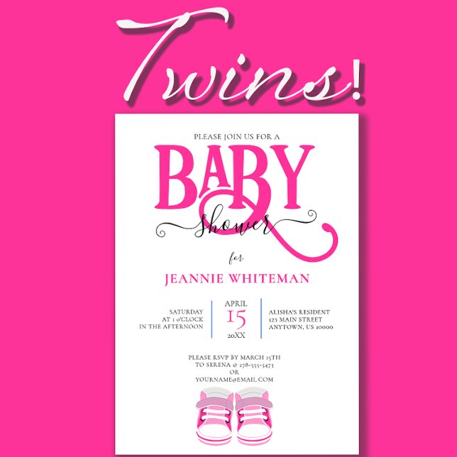 Invitation Jumelles Baby Shower Chaussons Roses  (Twin Girls Baby Shower Invitation)