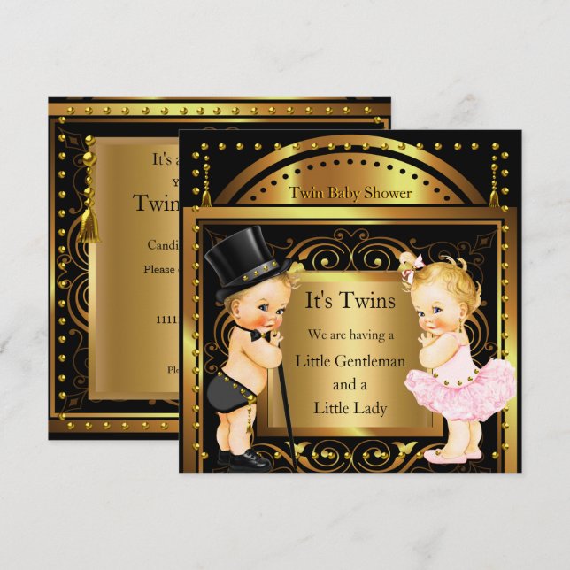 Invitation Jumelles Baby Shower Garçon et Fille Blond Or (Devant / Derrière)