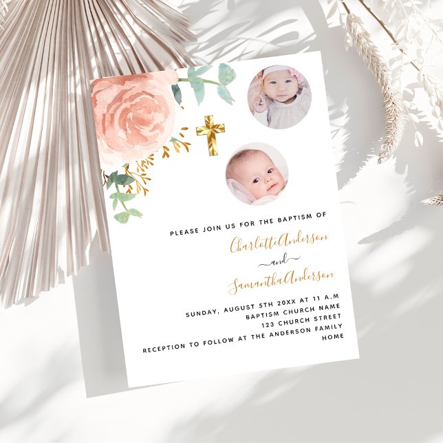 Invitation Jumelles baptême filles fleurs rose gold photo (Créateur téléchargé)