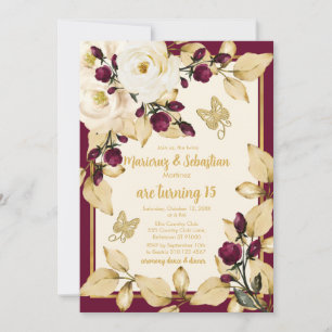 Invitation Jumelles Champagne Quinceañera Bordeaux Cadre Doré
