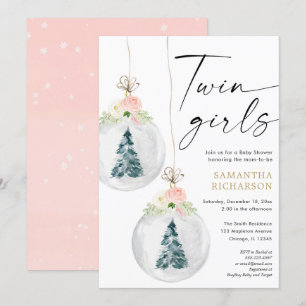 Invitation Jumelles dorées roses baby shower de Noël d'hiver