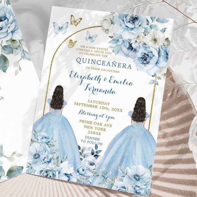 Invitation Jumelles Dusty Blue Princesses Mexicaines Quinceañ (Créateur téléchargé)