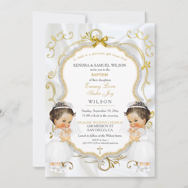 Invitation Jumelles filles baptême christening or (Devant)