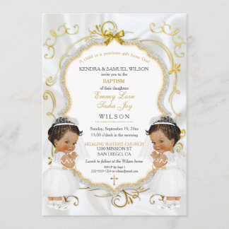 Invitation Jumelles filles baptême christening or ethnique