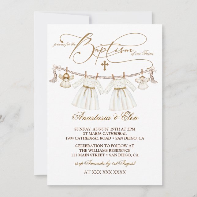 Invitation Jumelles Filles Vintage Boho Baptême (Devant)
