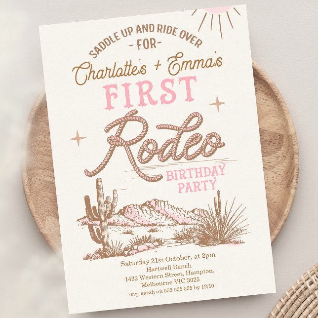 Invitation Jumelles Jumelles Jumelles Brown rose 1er annivers (Pink Brown Twin Girls First Rodeo Birthday Invitation 1st Rodeo 1st Birthday Invite For Twin Girls)