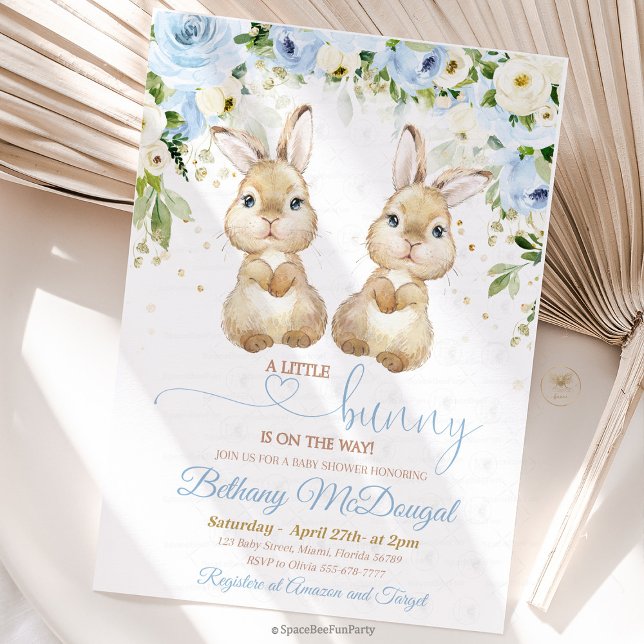 Invitation Jumelles lapin shower bébé (Bunny twins baby shower ,bunny baby shower invitation,baby shower bunny,some bunny invite, easter sp)
