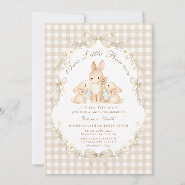 Invitation Jumelles Lapins Gingham Neutres Baby Shower (Devant)