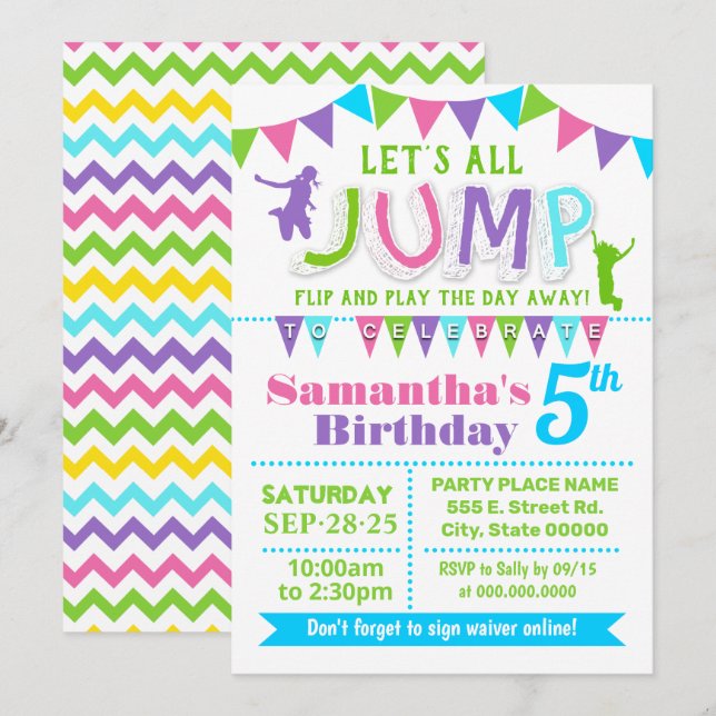Invitation Jump anniversaire trampoline bonjour maison rose f (Devant / Derrière)