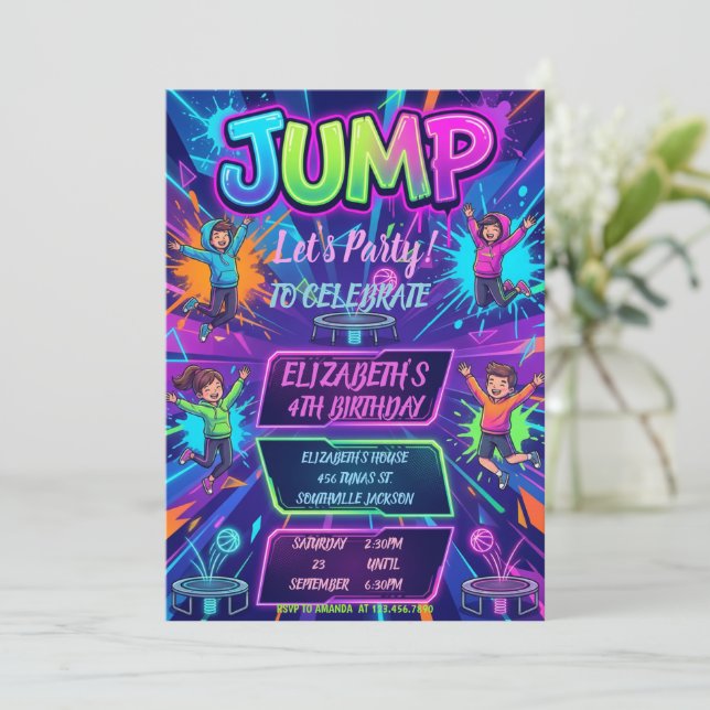 Invitation Jump Birthday Party Tie Dye Neon Glow Jump Party (Debout devant)