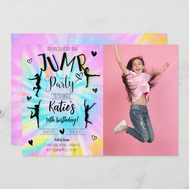 Invitation Jump Girl Tie Dye Anniversaire Photo (Devant / Derrière)