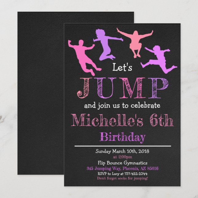 Invitation Jump Gymnastique Flip Chalkboard Girl Anniversaire (Devant / Derrière)