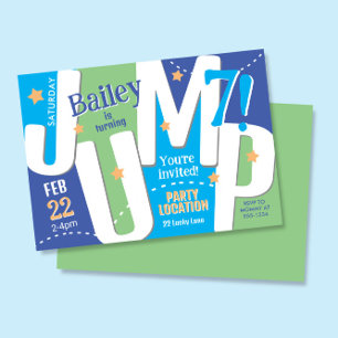 Invitation Jump Party Cute Blue Green Boy Anniversaire