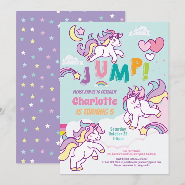 Invitation Jump party unicorne fille anniversaire pastel coul (Devant / Derrière)