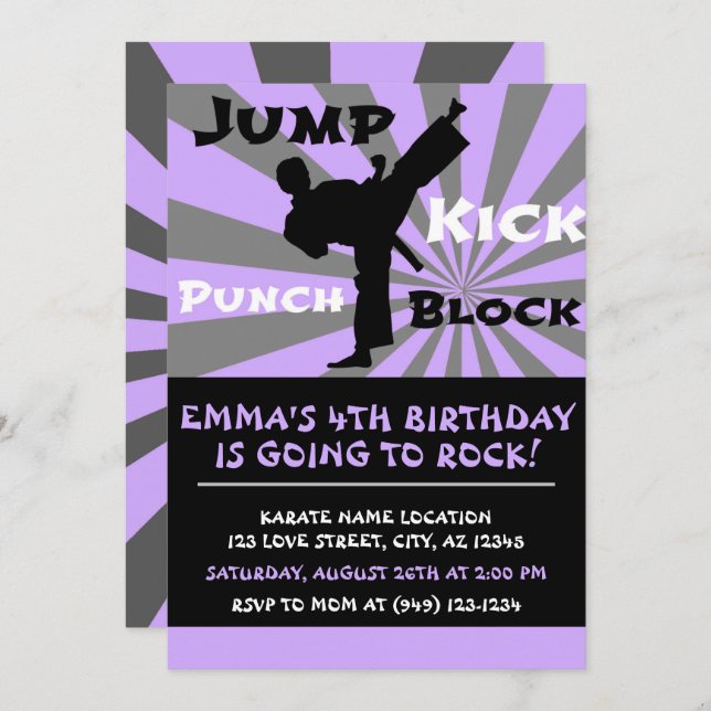 Invitation Jump Punch Kick Block Karate Party Anniversaire (Devant / Derrière)